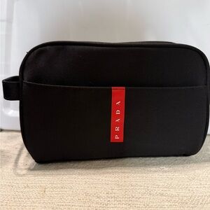 Prada Black Toiletry Bag with Bold Red Logo